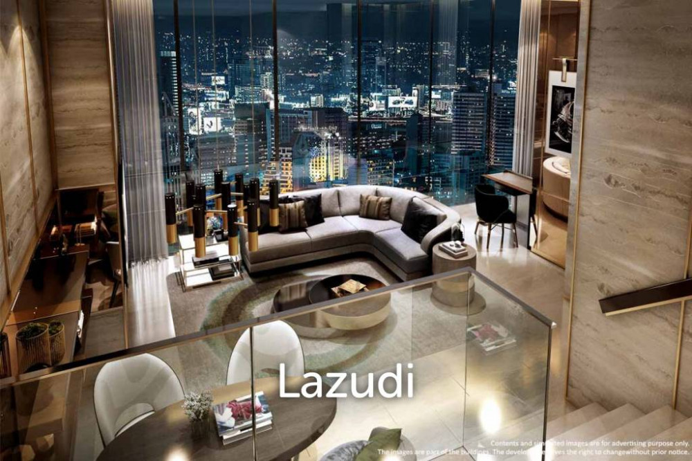 Luxury apartment interior with modern furnishings and city skyline views at night. Elegant design and ambient lighting.